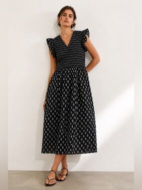 LÉA Smocked Midi Dress 2X Black White Print NWT Ruffle Sleeve Boho